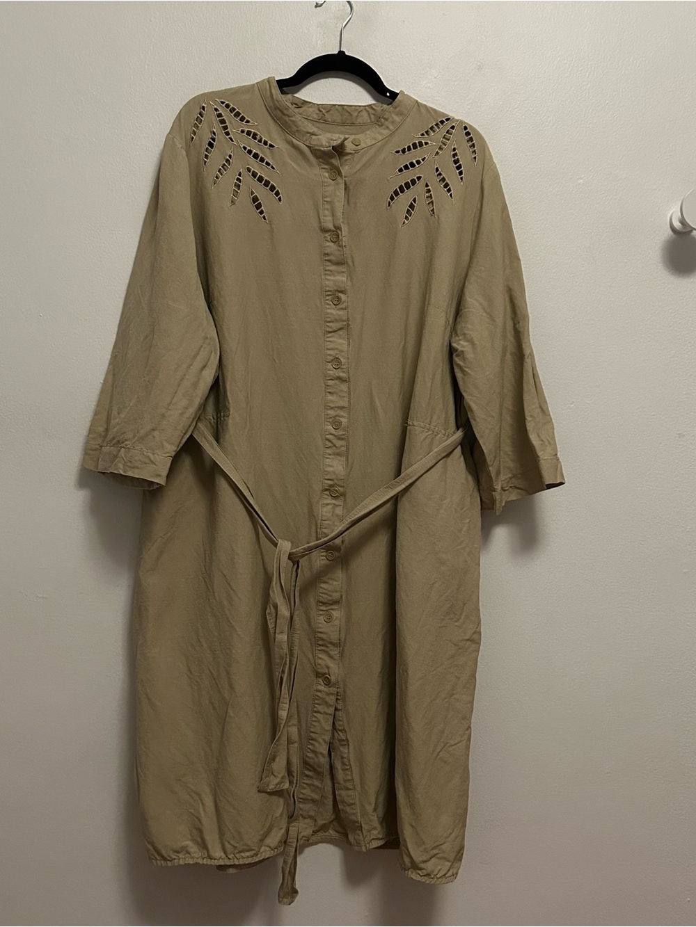 Ashley Stewart tan linen dress with leaf cutouts, pockets, and waist tie